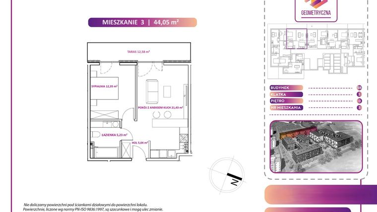 Rzut - Mieszkanie na sprzedaż 2 pokoje o powierzchni 44,33 m² - numer 3B w Geometryczna 5 - etap 3 - klatka I