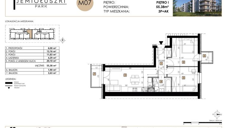 Rzut - Mieszkanie na sprzedaż 3 pokoje o powierzchni 55,38 m² - numer M07 w Jemiołuszki Park