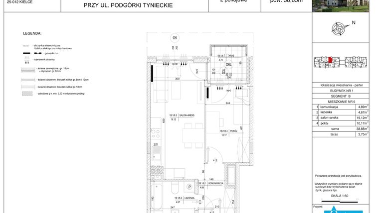 Rzut - Mieszkanie na sprzedaż 2 pokoje o powierzchni 38,85 m² - numer B6 w Podgórki Tynieckie