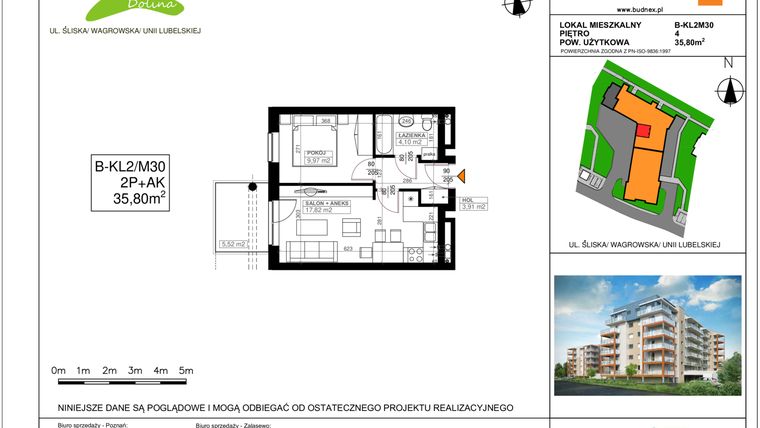 Rzut - Mieszkanie na sprzedaż 2 pokoje o powierzchni 36,8 m² - numer B.2.M30 w Starołęcka Dolina