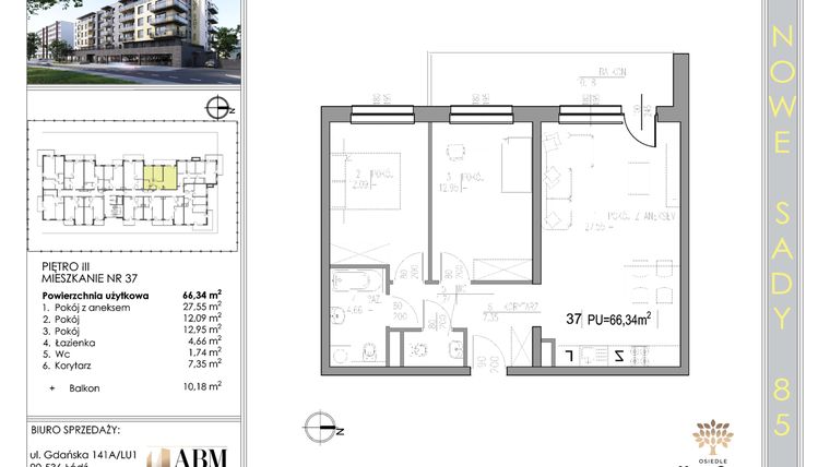 Rzut - Mieszkanie na sprzedaż 3 pokoje o powierzchni 66,62 m² - numer 37 w Nowe Sady 85