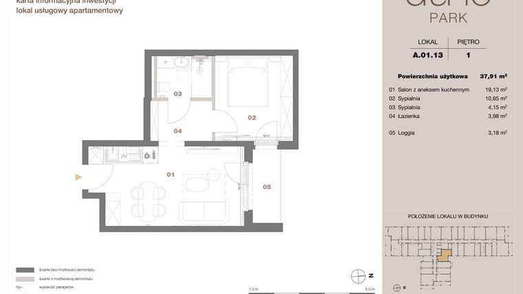 Rzut - Mieszkanie na sprzedaż 2 pokoje o powierzchni 37,91 m² - numer A 01.13 w DUNE Park
