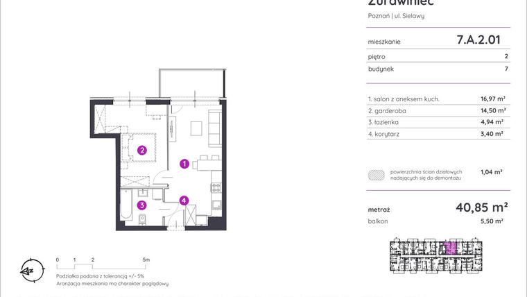Rzut - Mieszkanie na sprzedaż 1 pokój o powierzchni 40,85 m² - numer 7.A.2.01 w Murapol Zielony Żurawiniec