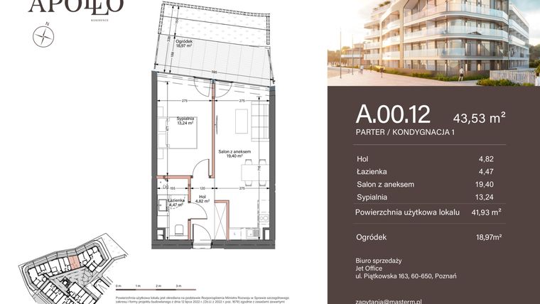 Rzut - Mieszkanie na sprzedaż 2 pokoje o powierzchni 41,93 m² - numer A.0.12 w Apollo Residence