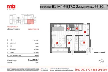 Rzut - Mieszkanie na sprzedaż 3 pokoje o powierzchni 66,5 m² - numer B1-M4 w Tabelowa NOVA