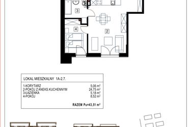 Rzut - Mieszkanie na sprzedaż 2 pokoje o powierzchni 43,51 m² - numer 1A-2.7 w Gardenia Pogodno