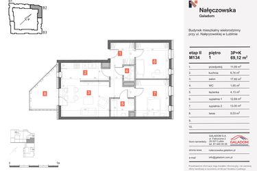 Rzut - Mieszkanie na sprzedaż 3 pokoje o powierzchni 69,12 m² - numer M-134 w Nałęczowska etap II