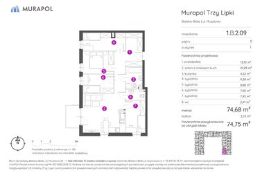 Rzut - Mieszkanie na sprzedaż 5 pokoi o powierzchni 74,75 m² - numer 1.B.2.09 w Murapol Trzy Lipki