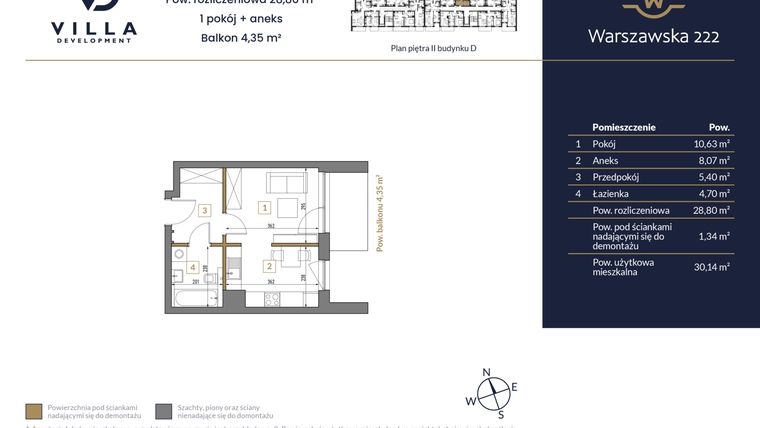 Rzut - Mieszkanie na sprzedaż 1 pokój o powierzchni 28,8 m² - numer 20 w Warszawska 222 bud. D