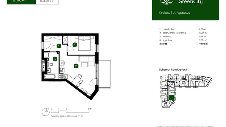 Rzut - Mieszkanie na sprzedaż 2 pokoje o powierzchni 40,93 m² - numer 2.A.2.03 w Murapol GreenCity bud. 2