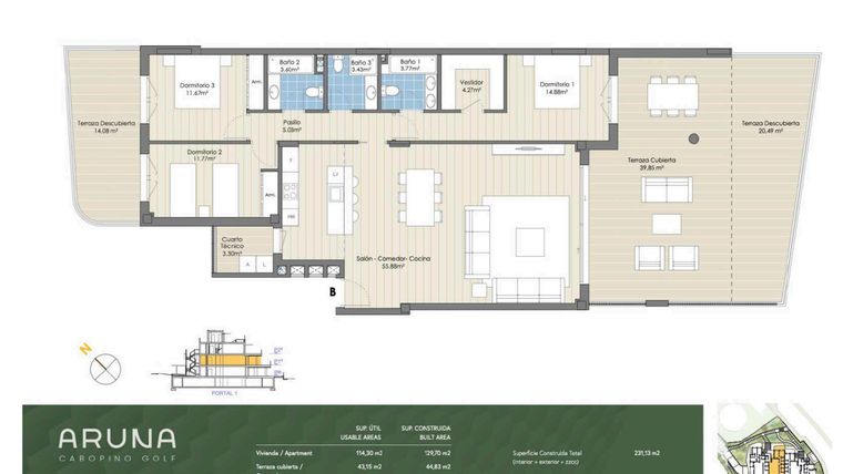 Rzut - Mieszkanie na sprzedaż 3 pokoje o powierzchni 192 m² - numer P1-P1-B w Aruna