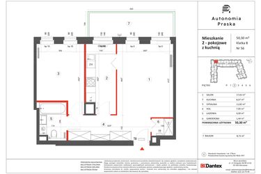Rzut - Mieszkanie na sprzedaż 2 pokoje o powierzchni 50,3 m² - numer 56 w Autonomia Praska