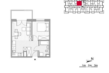 Rzut - Mieszkanie na sprzedaż 2 pokoje o powierzchni 33,58 m² - numer 23 w ul. Powstańców/os. Piastów bud. F