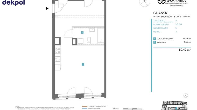 Rzut - Mieszkanie na sprzedaż 1 pokój o powierzchni 50,42 m² - numer 5.3.214 w Granaria