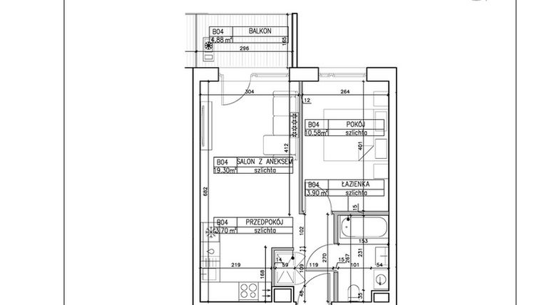 Rzut - Mieszkanie na sprzedaż 2 pokoje o powierzchni 37,48 m² - numer B4 w Symfonia - Chodkiewicza 9