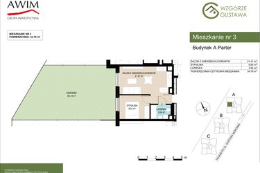 Rzut - Mieszkanie na sprzedaż 2 pokoje o powierzchni 34,79 m² - numer A3 w Wzgórze Gustawa