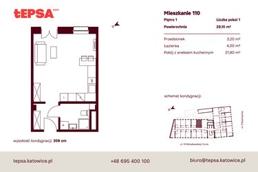 Rzut - Mieszkanie na sprzedaż 1 pokój o powierzchni 29,1 m² - numer M110 w Tepsa Kato