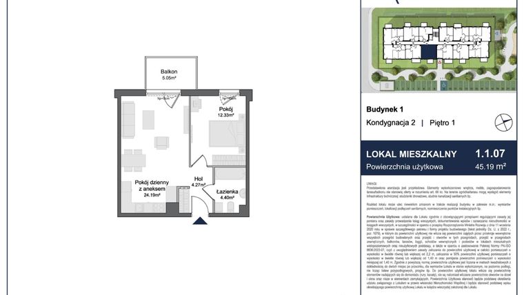 Rzut - Mieszkanie na sprzedaż 2 pokoje o powierzchni 45,19 m² - numer 1.1.07 w Rytelska