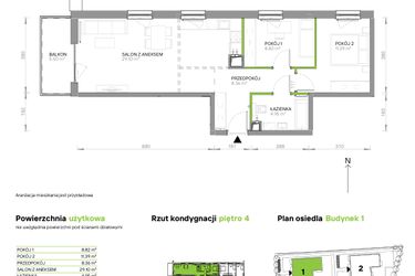 Rzut - Mieszkanie na sprzedaż 3 pokoje o powierzchni 62,62 m² - numer III.4/1/39 w Via Flora