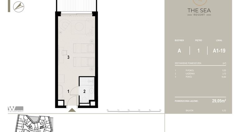 Rzut - Mieszkanie na sprzedaż 1 pokój o powierzchni 29,05 m² - numer A1-19 w The Sea Resort Międzyzdroje