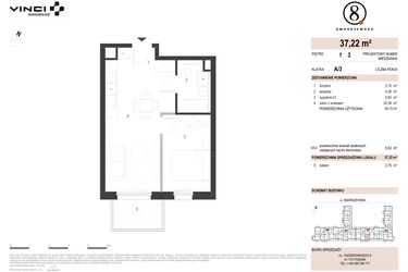 Rzut - Mieszkanie na sprzedaż 2 pokoje o powierzchni 37,22 m² - numer A/3/1.3 w Smardzewska 8