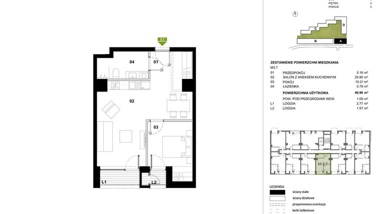 Rzut - Mieszkanie na sprzedaż 1 pokój o powierzchni 48,04 m² - numer A.3.7 w Kozielska Park