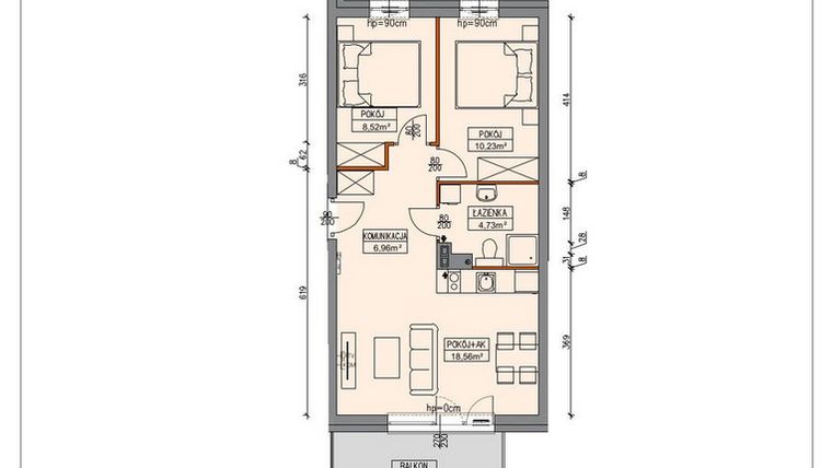 Rzut - Mieszkanie na sprzedaż 3 pokoje o powierzchni 48,99 m² - numer B5.0.2.3A w Stegna Park II