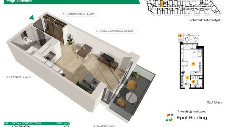 Rzut - Mieszkanie na sprzedaż 1 pokój o powierzchni 30,99 m² - numer M123 w Moja Skawina