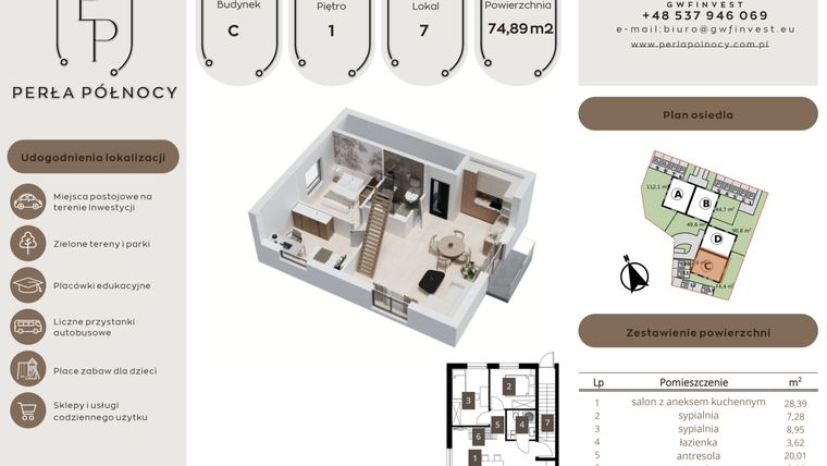 Rzut - Mieszkanie na sprzedaż 3 pokoje o powierzchni 74,74 m² - numer C7 w Perła Północy etap 1