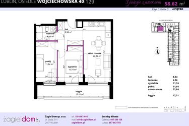Rzut - Mieszkanie na sprzedaż 3 pokoje o powierzchni 58,62 m² - numer 129 w Wojciechowska Square