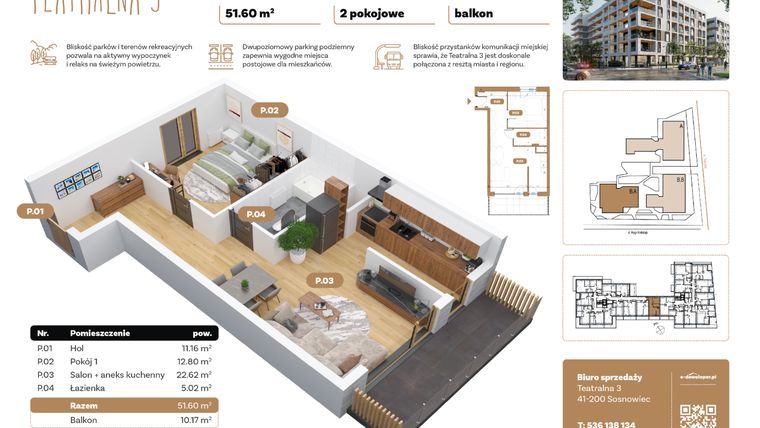 Rzut - Mieszkanie na sprzedaż 2 pokoje o powierzchni 51,6 m² - numer B1.A.03 w Teatralna 3