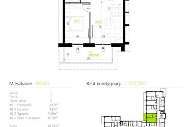 Rzut - Mieszkanie na sprzedaż 2 pokoje o powierzchni 46,26 m² - numer B6M9 w Osiedle Natura Park etap II