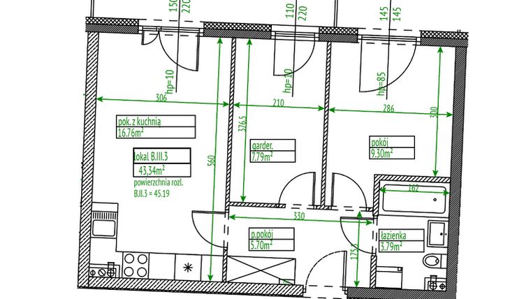 Rzut - Mieszkanie na sprzedaż 2 pokoje o powierzchni 43,34 m² - numer B.III.3 w Osiedle Opolska