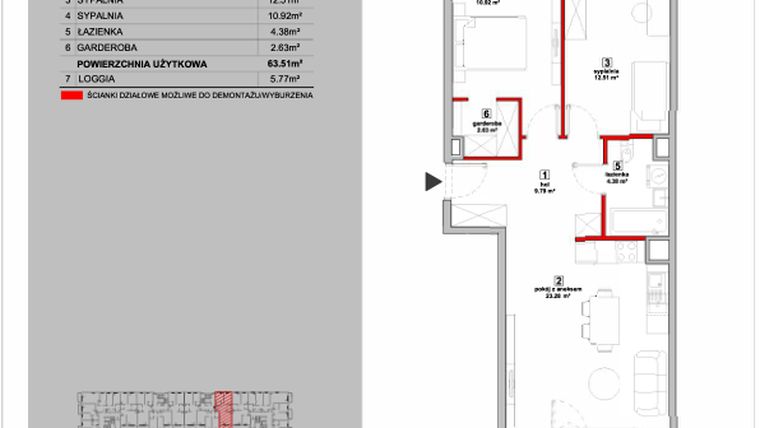 Rzut - Mieszkanie na sprzedaż 3 pokoje o powierzchni 63,51 m² - numer P9.03.2.77 w Osiedle Poematu II
