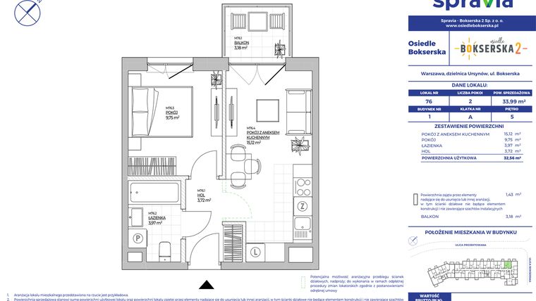 Rzut - Mieszkanie na sprzedaż 2 pokoje o powierzchni 33,99 m² - numer B1.76 w Osiedle Bokserska 2