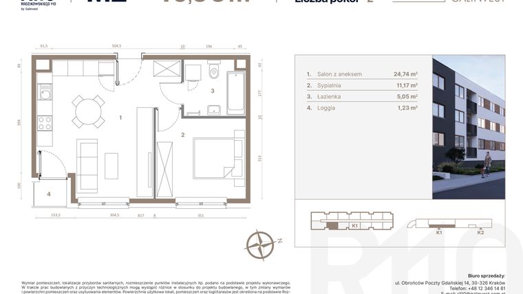 Rzut - Mieszkanie na sprzedaż 2 pokoje o powierzchni 40,96 m² - numer 2 w Radzikowskiego 110
