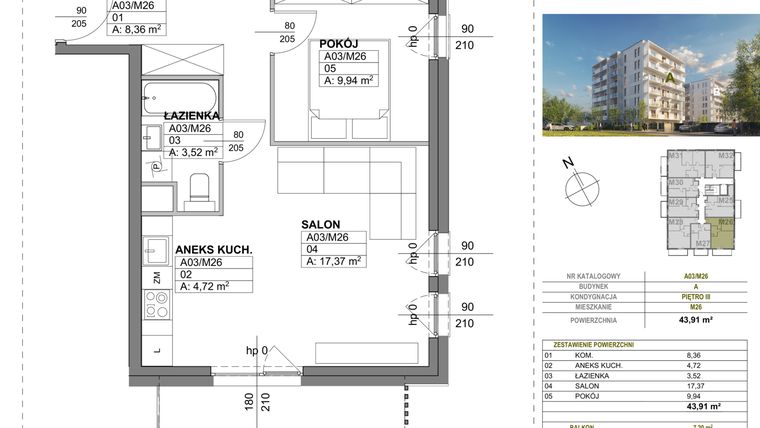Rzut - Mieszkanie na sprzedaż 2 pokoje o powierzchni 43,91 m² - numer A00_M26 w Wierzbowy Park