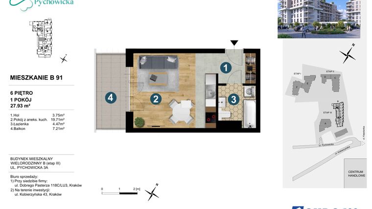 Rzut - Mieszkanie na sprzedaż 1 pokój o powierzchni 27,93 m² - numer B91 w Kapelanka-Pychowicka Etap III