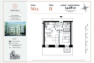 Rzut - Mieszkanie na sprzedaż 2 pokoje o powierzchni 34,98 m² - numer 13 w Niecała Prestige Residence