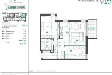 Rzut - Mieszkanie na sprzedaż 3 pokoje o powierzchni 62,39 m² - numer A.2.2 w Apartamenty Pszczyńska