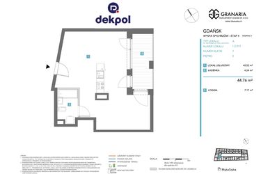 Rzut - Mieszkanie na sprzedaż 1 pokój o powierzchni 44,76 m² - numer 1.2.017 w Granaria