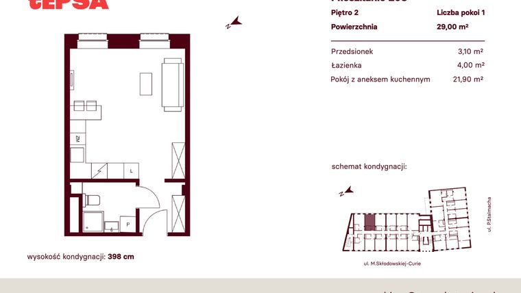 Rzut - Mieszkanie na sprzedaż 1 pokój o powierzchni 29 m² - numer M208 w Tepsa Kato