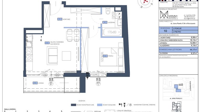 Rzut - Mieszkanie na sprzedaż 2 pokoje o powierzchni 44,17 m² - numer 10 w Apartamenty Jana Pawła 34
