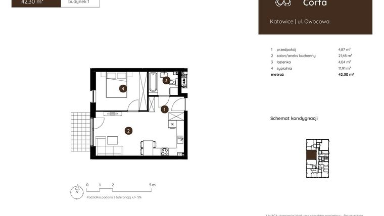 Rzut - Mieszkanie na sprzedaż 2 pokoje o powierzchni 42,3 m² - numer 1.A.0.04 w Murapol Corfa