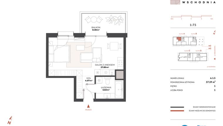 Rzut - Mieszkanie na sprzedaż 1 pokój o powierzchni 37,59 m² - numer A.1.5 w Drucianka Wschodnia
