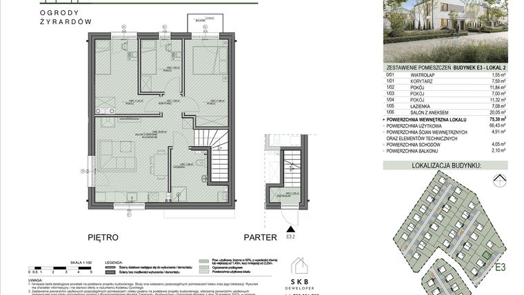 Rzut - Mieszkanie na sprzedaż 4 pokoje o powierzchni 75,39 m² - numer E3.2 w Ogrody Żyrardów etap E