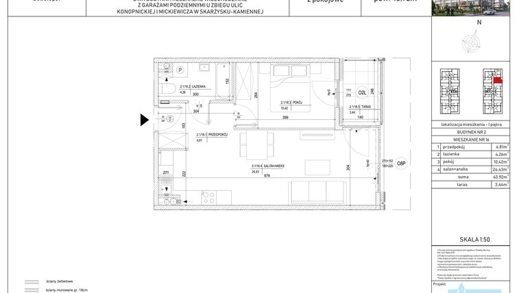 Rzut - Mieszkanie na sprzedaż 2 pokoje o powierzchni 43,92 m² - numer M-16 w Apartamenty Konopnickiej