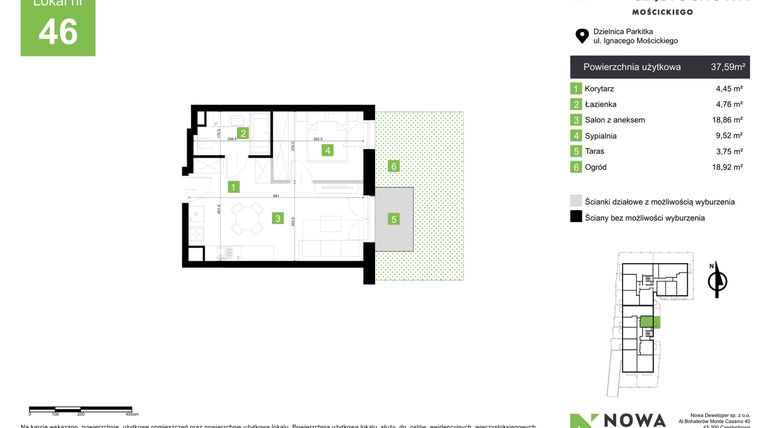 Rzut - Mieszkanie na sprzedaż 2 pokoje o powierzchni 37,59 m² - numer M46 w Nowa Częstochowa Mościckiego