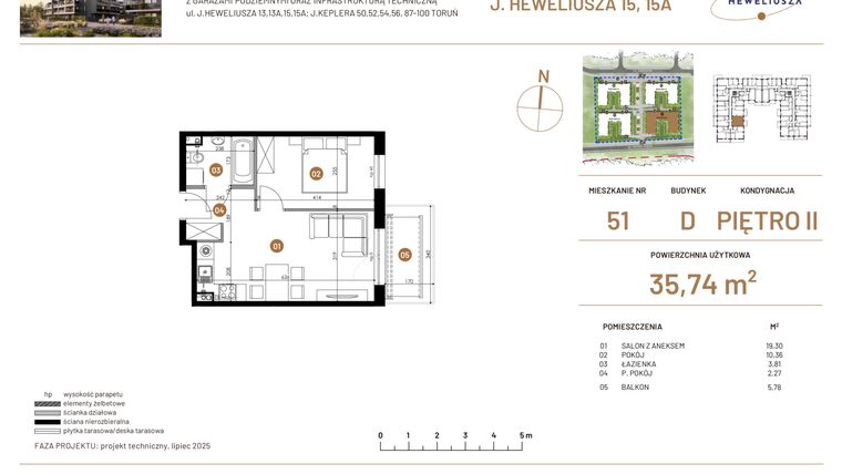 Rzut - Mieszkanie na sprzedaż 2 pokoje o powierzchni 35,74 m² - numer JAR-IV-D-LM-M51 w Osiedle JAR Heweliusza etap IV