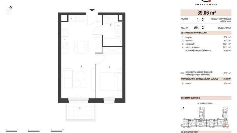 Rzut - Mieszkanie na sprzedaż 2 pokoje o powierzchni 39,06 m² - numer A/4/1.3 w Smardzewska 8